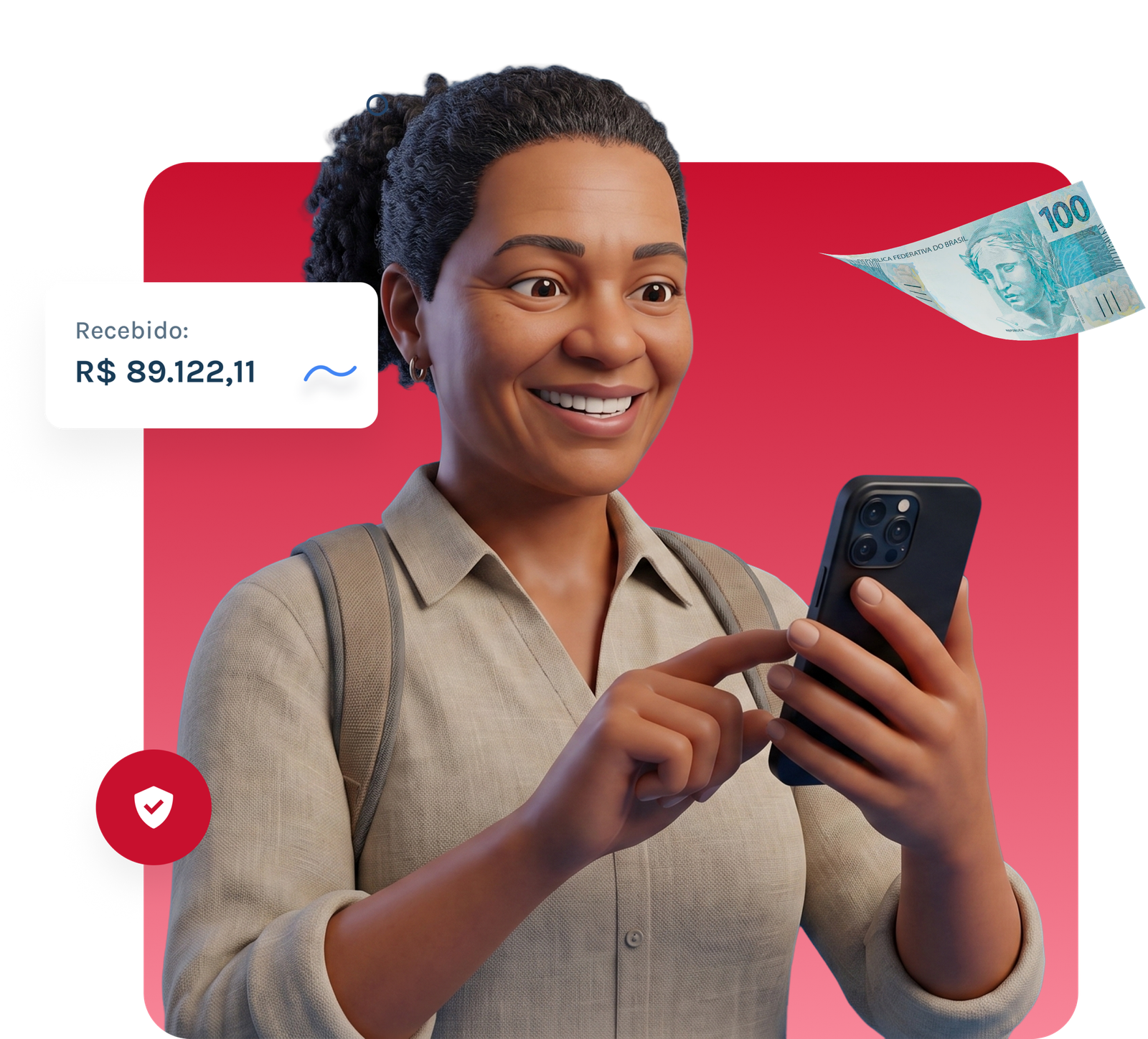 Mulher sorrindo olha para celular com notificação de R$ 89.122,11 recebidos.