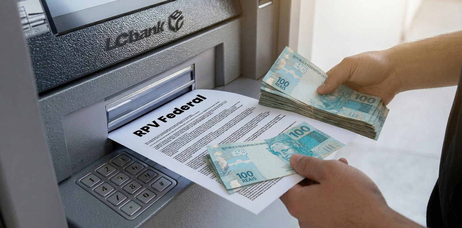 Pessoa saca dinheiro e RPV Federal em caixa eletrônico do Banco do Brasil