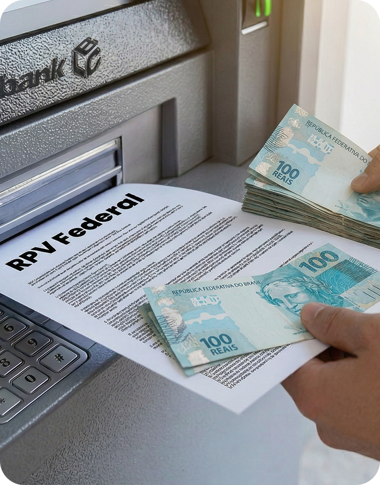 Mão pegando notas de 100 reais e RPV Federal em caixa eletrônico
