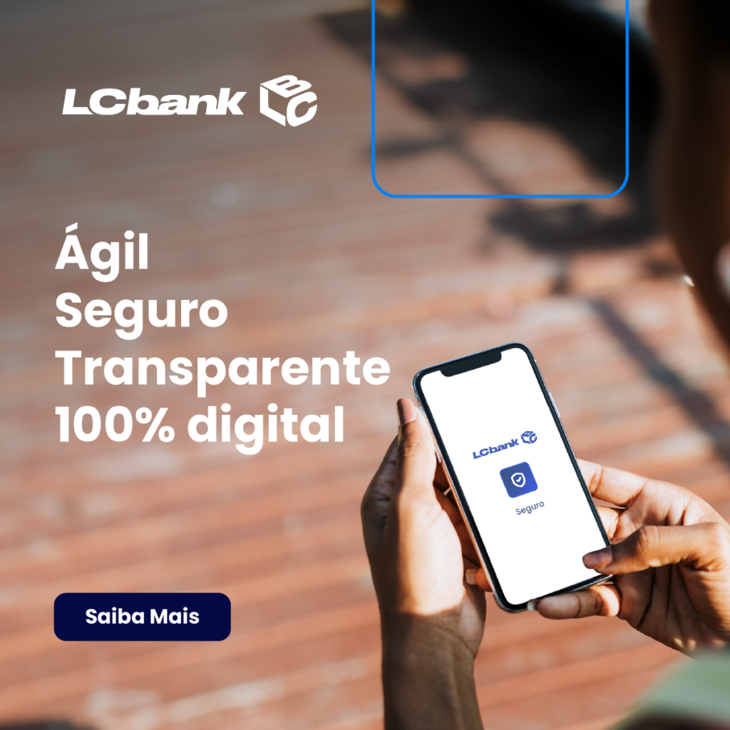 Logo LCbank e celular exibindo app de seguro, com texto "Ágil, Seguro, Transparente, 100% digital".